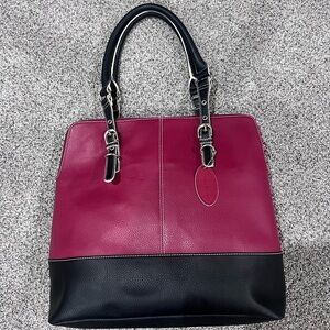 Wilsons Leather  Genuine Leather Red Black Silver Hardware Large Tote Zip Close